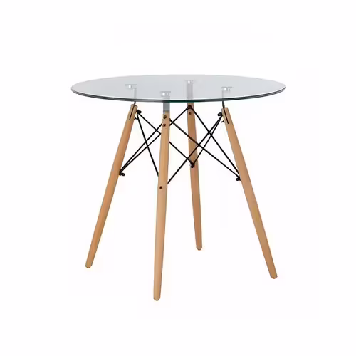 <p>Mesa redonda de vidrio con patas de madera 80cm</p>