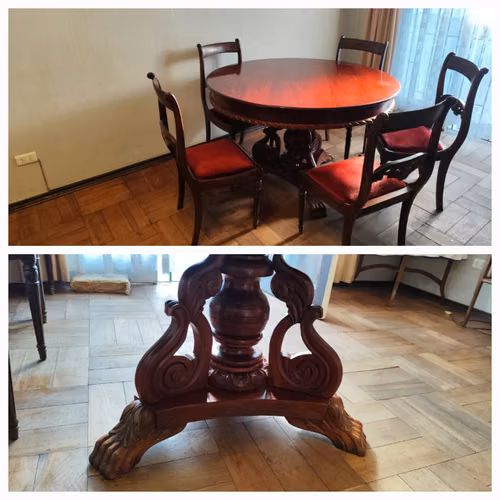 <p>Comedor de estilo, mesa redonda enchape caoba y 6 sillas</p>